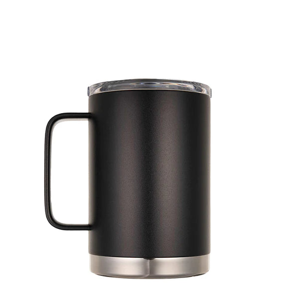 Matte black insulated stainless steel mug with a sturdy handle and spill-resistant clear lid, ideal for keeping drinks hot or cold for hours.
