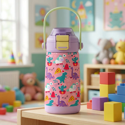 Pink LAMOSE Goose 14oz kids water bottle featuring Santa dinosaurs, unicorns, pizza, and watermelon pattern with purple lid and green handle