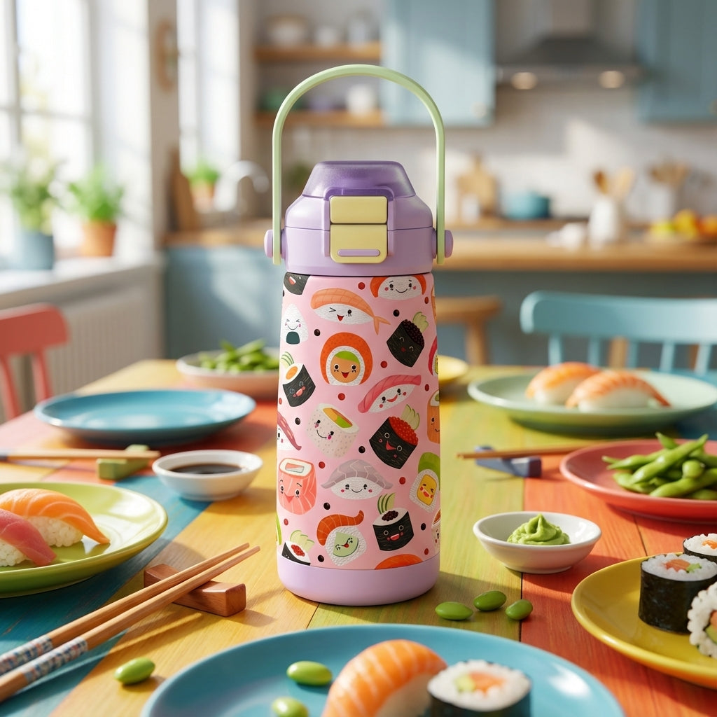 Pink LAMOSE Goose 14 oz kids water bottle featuring cute cartoon sushi pattern with salmon nigiri and playful faces, purple lid and green handle.