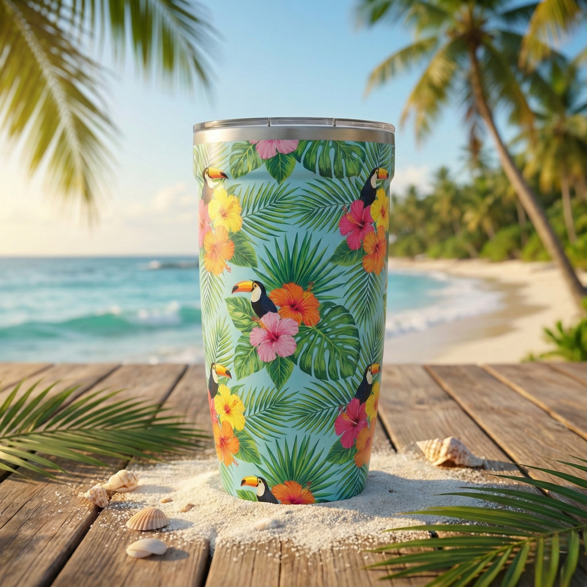Peyto 16oz insulated tumbler featuring a tropical pattern with toucans, palm leaves, and hibiscus flowers on a light blue background, placed on a sandy beach surface.