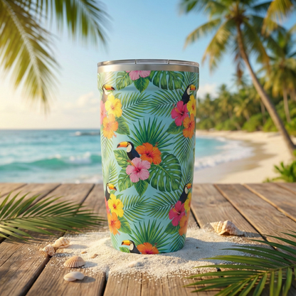 Peyto 16oz insulated tumbler featuring a tropical pattern with toucans, palm leaves, and hibiscus flowers on a light blue background, placed on a sandy beach surface.