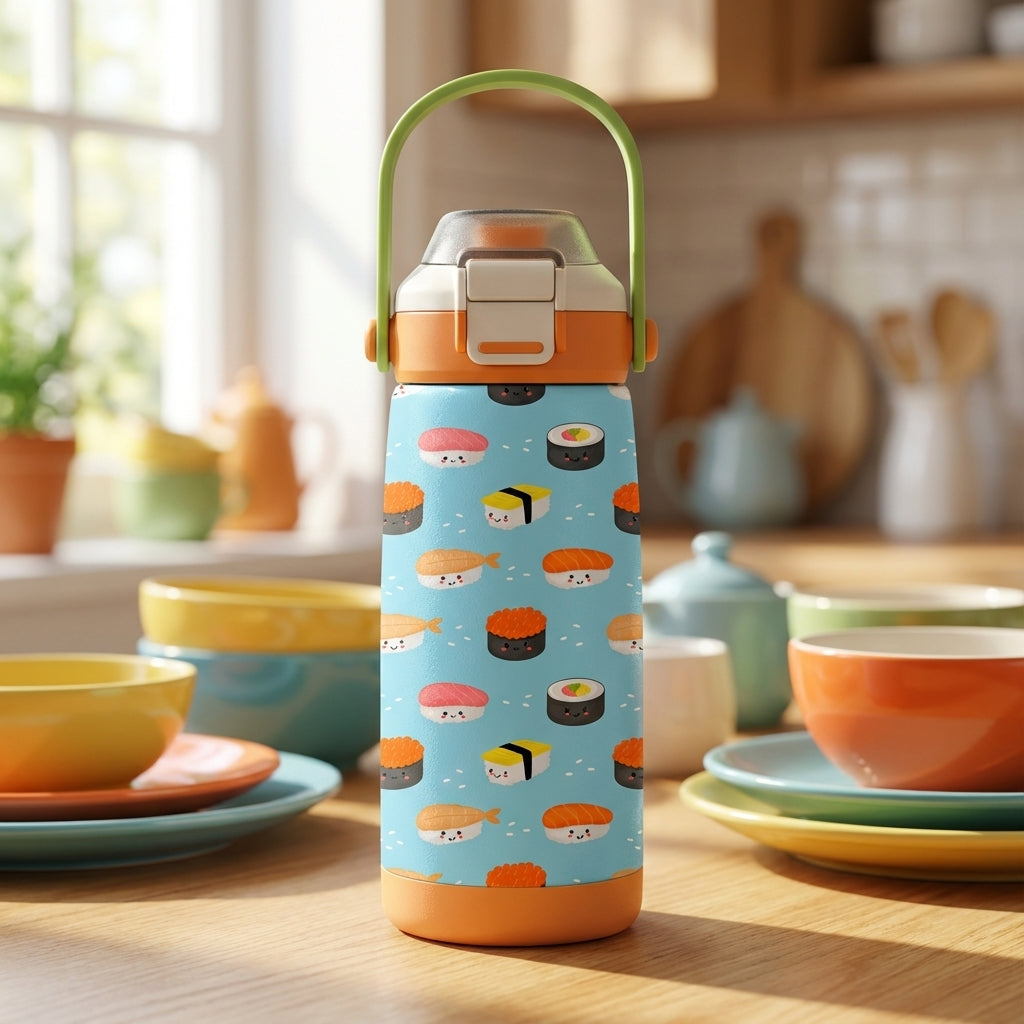 Cylindrical light blue kids water bottle featuring a pattern of cute cartoon sushi faces, nigiri, and maki rolls, with a bright orange lid and green handle.