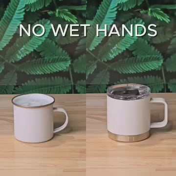 Comparison of two mugs: an open enamel mug on the left with condensation, and a white insulated mug with a leak-proof lid on the right, preventing wet hands.