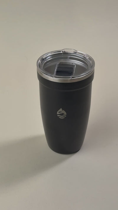 Sleek black insulated tumbler with a spill-resistant clear lid, featuring a minimalist engraved logo for a modern and stylish look.