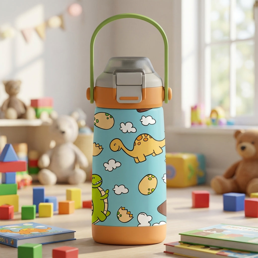 LAMOSE Goose 14oz kids water bottle in light blue featuring cartoon dinosaurs, clouds, orange base, and green handle