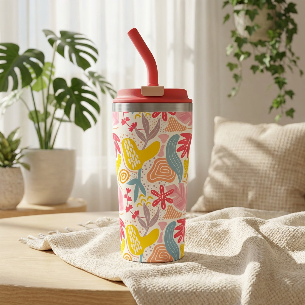 LAMOSE Bow 16 oz tumbler with abstract floral pattern, coral lid and red straw sitting among indoor plants