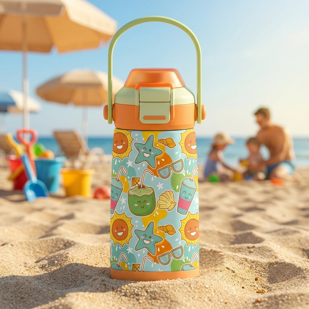 Light blue LAMOSE Goose 14 oz water bottle featuring cartoon suns, starfish, and coconut drinks with an orange and green flip-top lid.