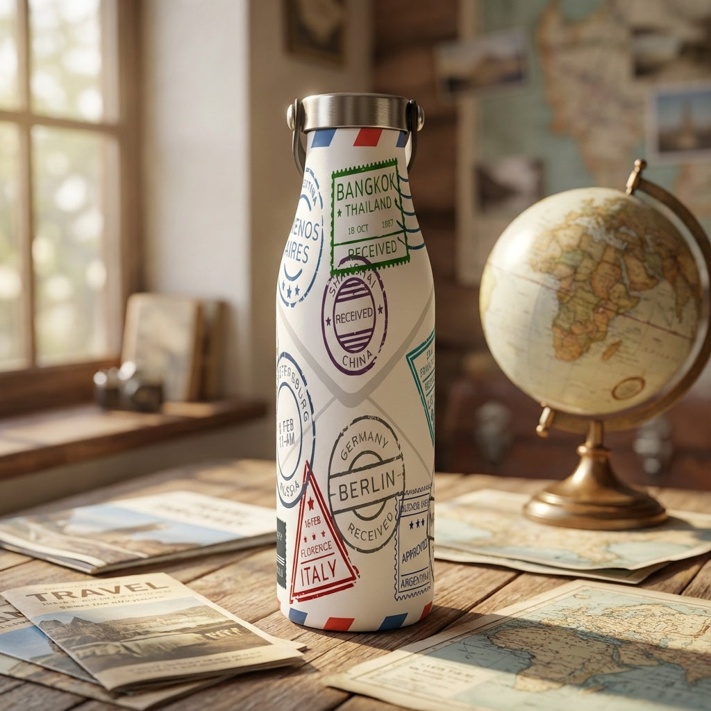 White LAMOSE Robson 21 oz water bottle featuring colorful international passport stamps from Bangkok, Berlin, and Florence standing on a vintage map.