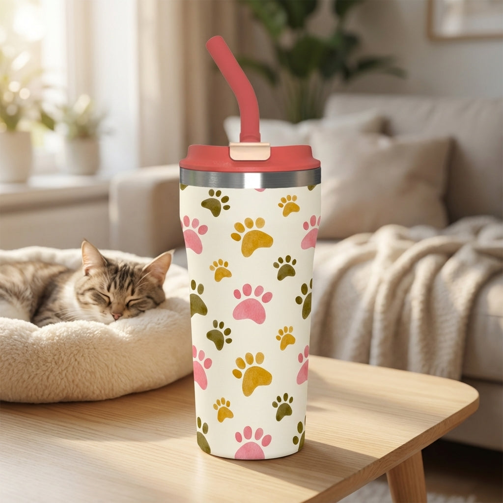 Cream 16oz insulated tumbler with pink, gold, and green paw print pattern sitting on a wooden coffee table near a cat.