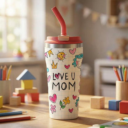 LAMOSE Bow 16 oz insulated tumbler featuring a notebook paper grid pattern, coral straw, and colorful childlike doodles of hearts, sun, and a crown.