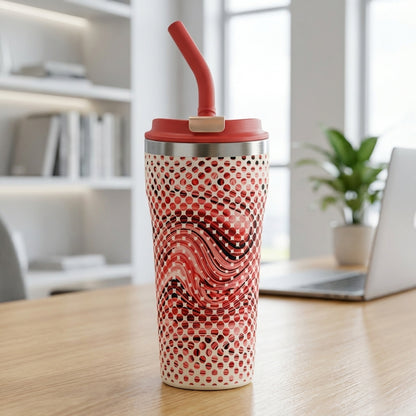 White LAMOSE Bow 16oz tumbler featuring abstract red dots and wavy black lines with a matching red lid and straw sitting on a creative office desk.