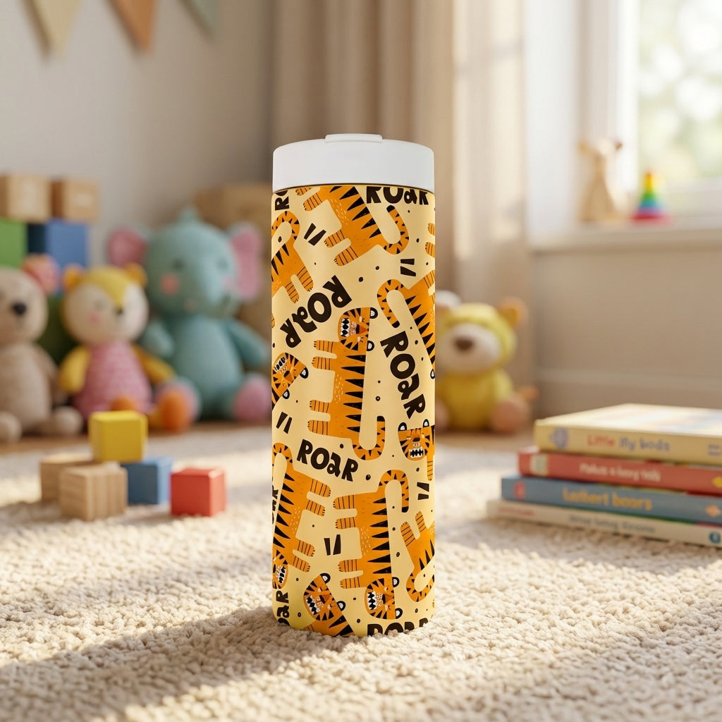 Cream colored 16 oz insulated tumbler featuring a pattern of orange cartoon tigers and stylized ROAR text