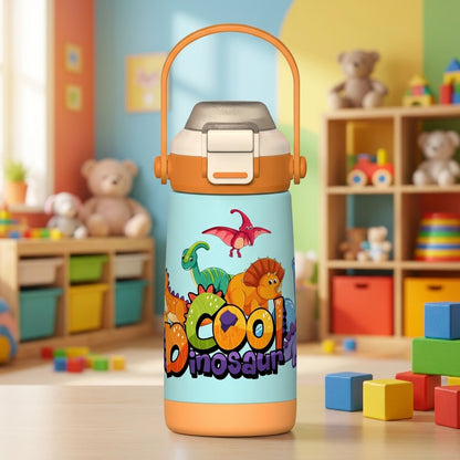 LAMOSE Goose 14oz kids water bottle in light blue with orange accents, featuring cartoon dinosaurs and playful COOL Dinosaur text.