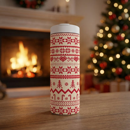 LAMOSE Grouse 16 oz tumbler featuring a festive red and white Nordic Christmas sweater pattern with snowflakes, hearts, and trees sitting on a wooden surface.