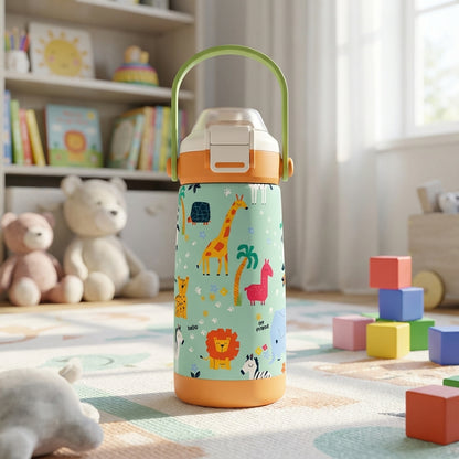 Light green LAMOSE Goose 14oz water bottle with orange lid featuring a pattern of cartoon safari animals including giraffes, lions, and elephants.