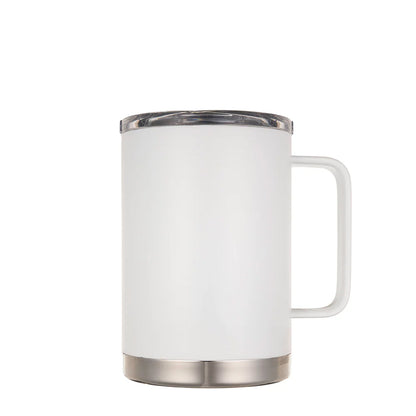 White insulated stainless steel mug with a sturdy handle and spill-resistant clear lid, designed to keep beverages hot or cold for hours.