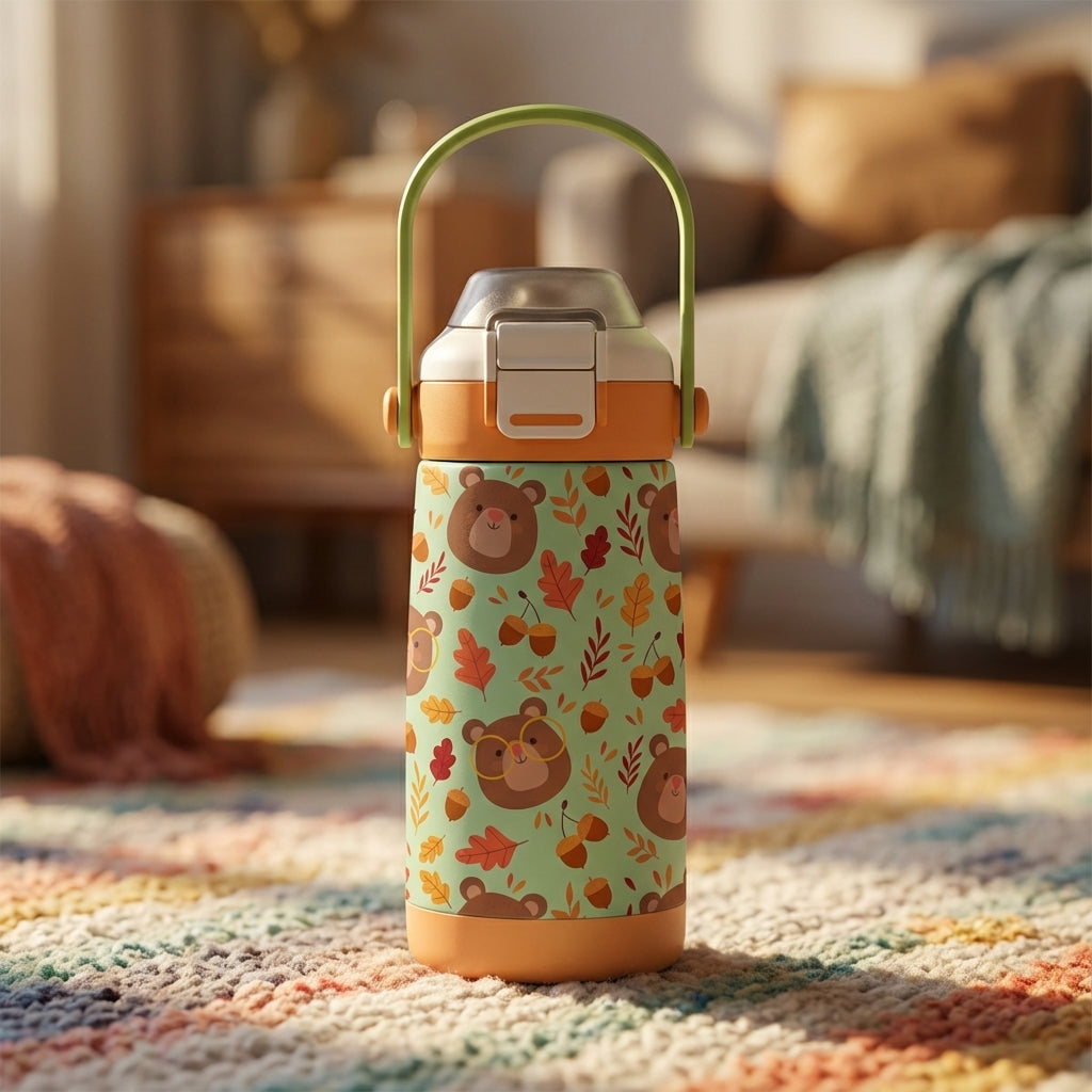 Pastel green LAMOSE Goose 14 oz kids water bottle featuring a pattern of bears with glasses, autumn leaves, and acorns, with a light orange lid.