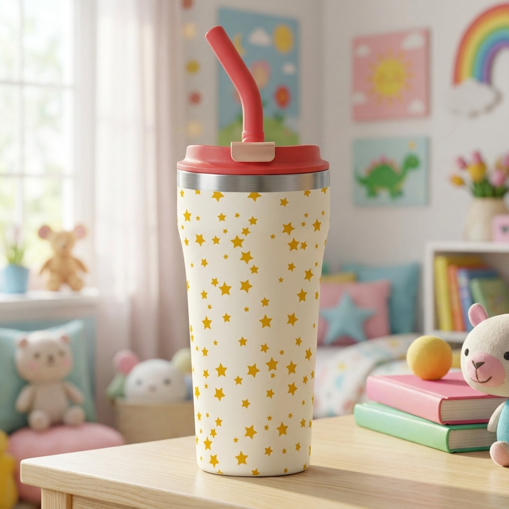 Off-white LAMOSE Bow 16 oz tumbler with gold star pattern and coral lid sitting on a white nightstand in a sunlit child's room.