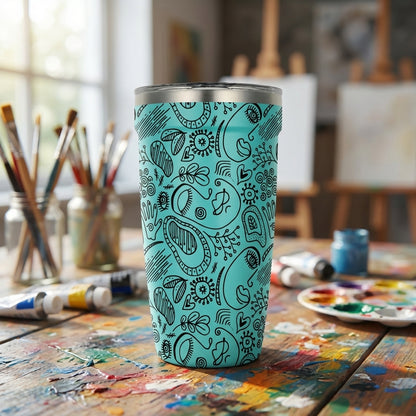 Peyto 16oz metal tumbler featuring a light blue background with black abstract doodles, paisley shapes, and floral patterns standing on an art studio table.